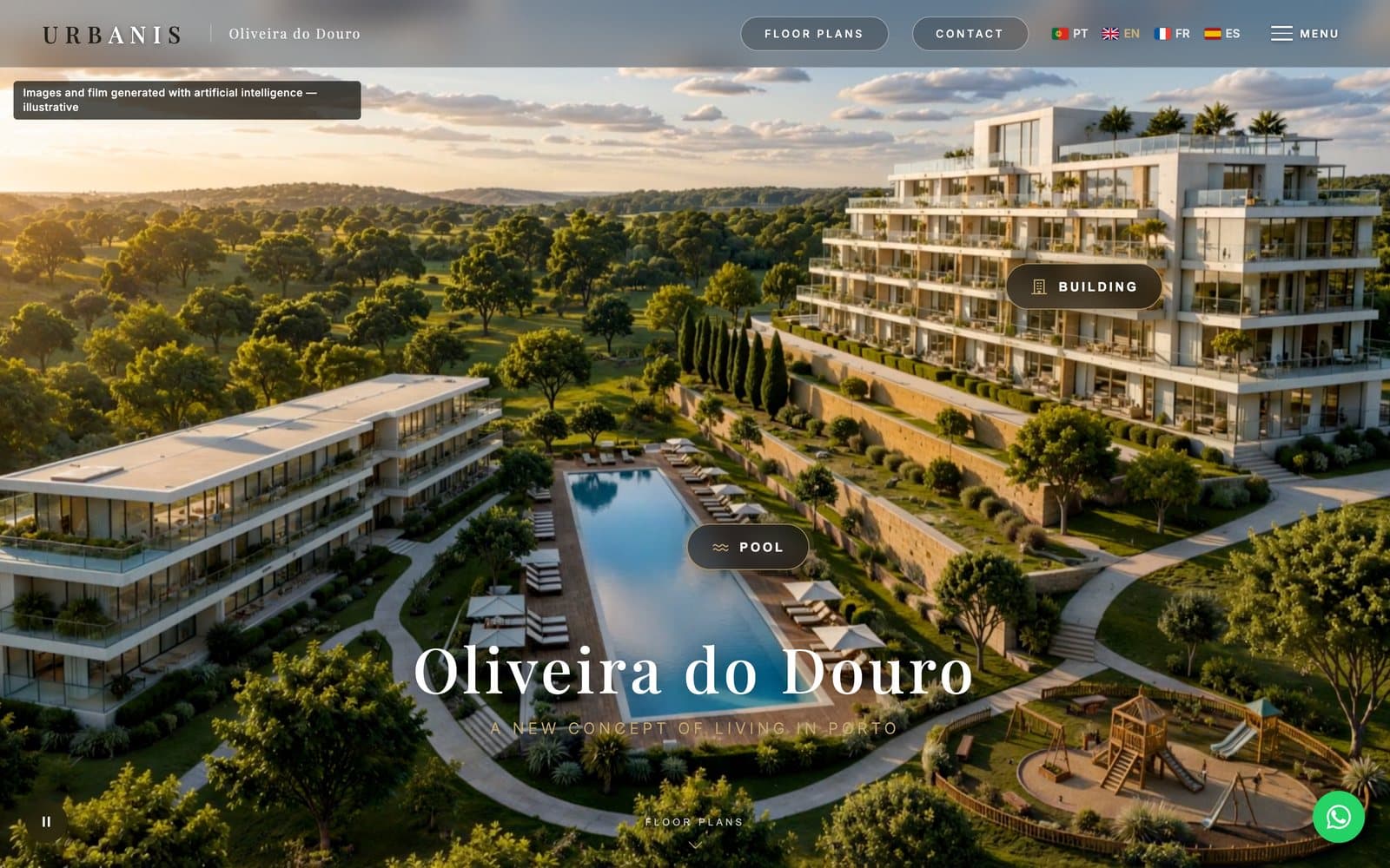 The Oliveira do Douro DREAM page, with the film and the Building and Pool buttons