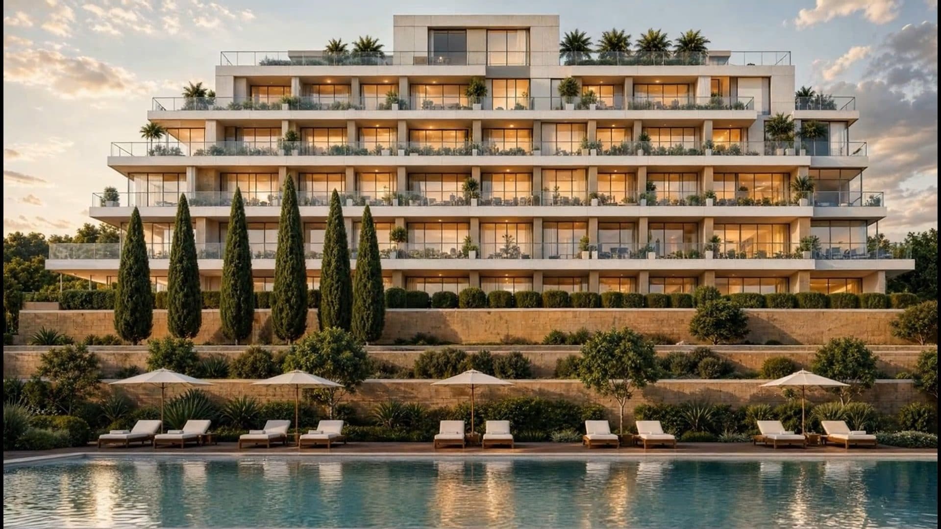 Fachada de um edifício residencial ao pôr do sol, com ciprestes e piscina