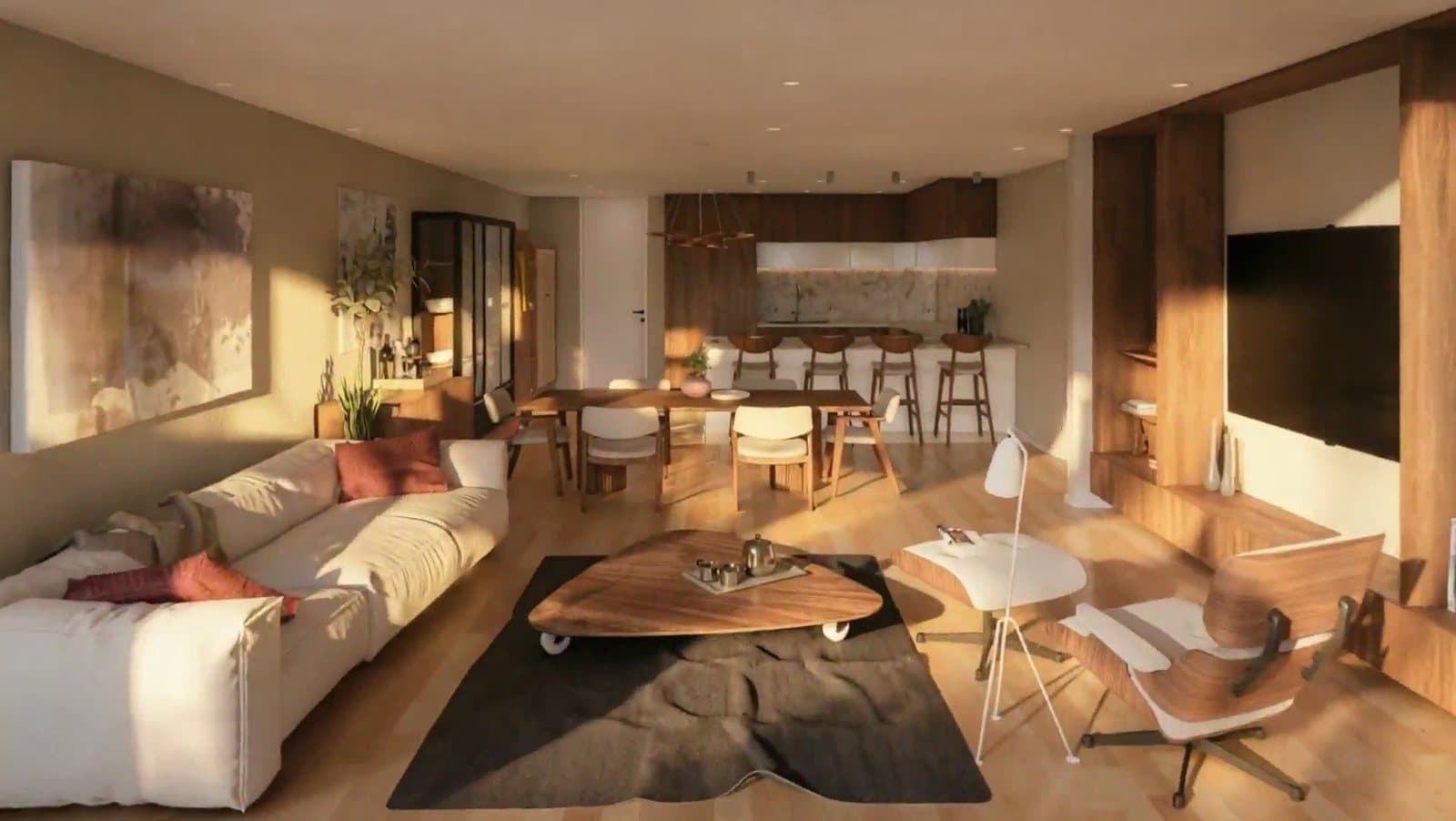 T3+1: sala de estar com sofá, mesa de jantar e luz de fim de tarde