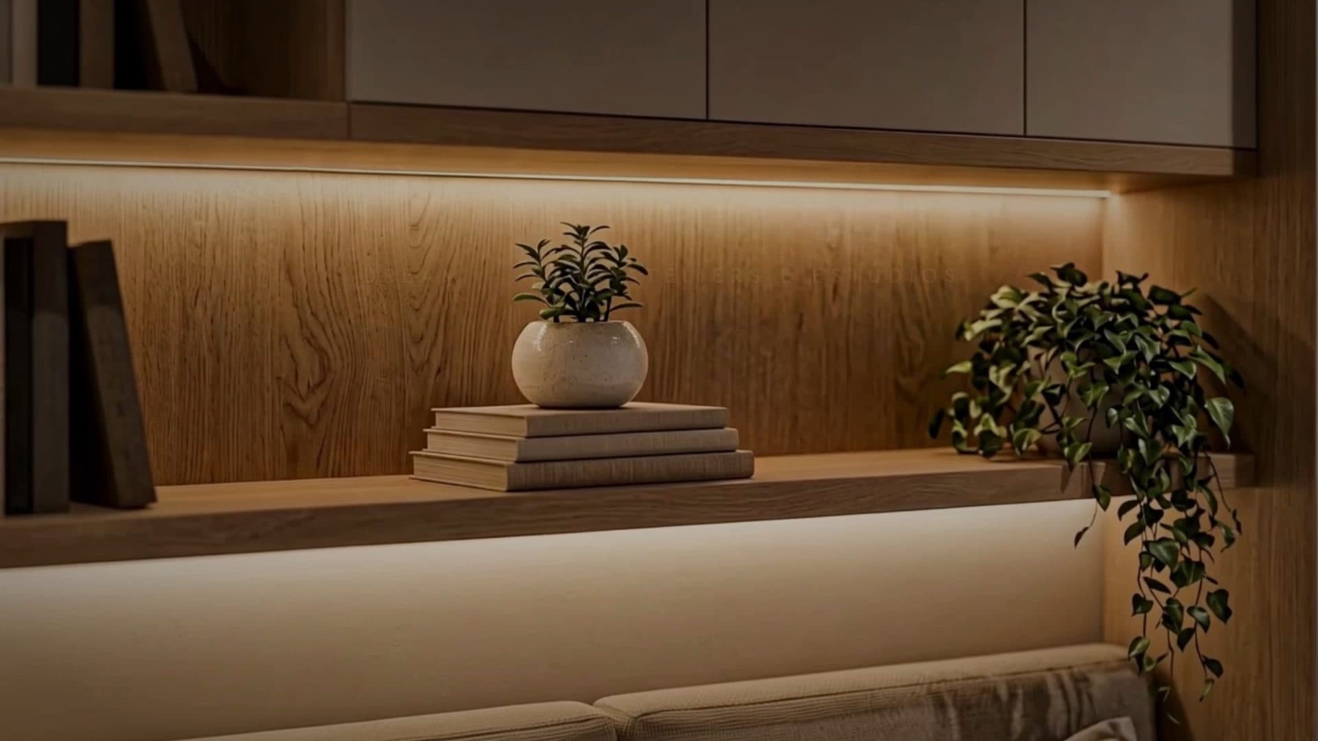 Detalhe de interior: estante de madeira com iluminação indireta e plantas