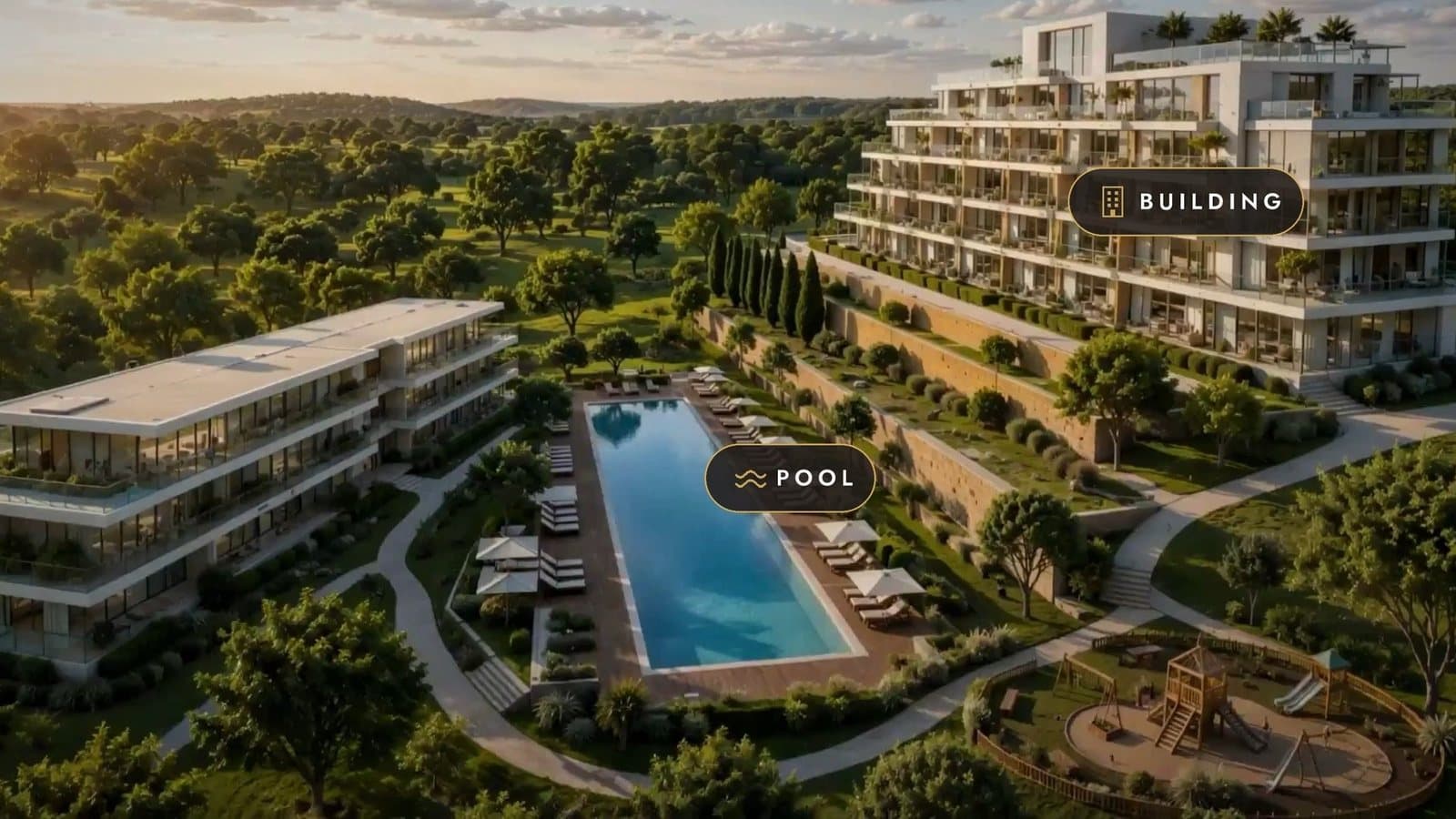 DREAM interactive film: aerial view of a development with the Building and Pool buttons