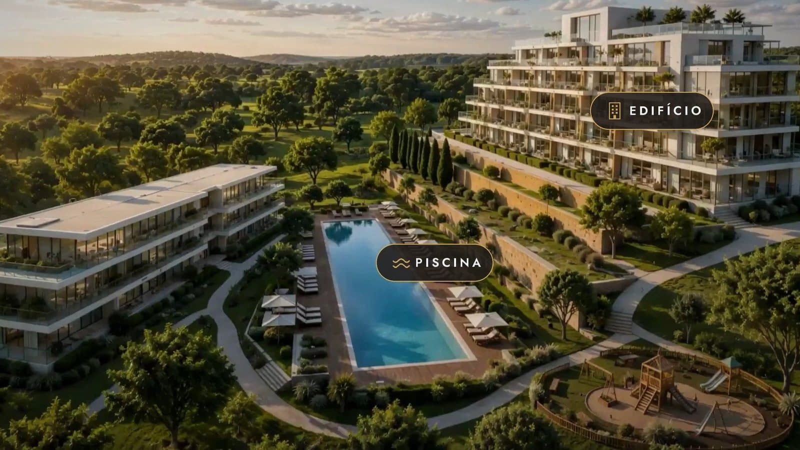 Filme interativo do DREAM: vista aérea de um empreendimento com os botões Edifício e Piscina